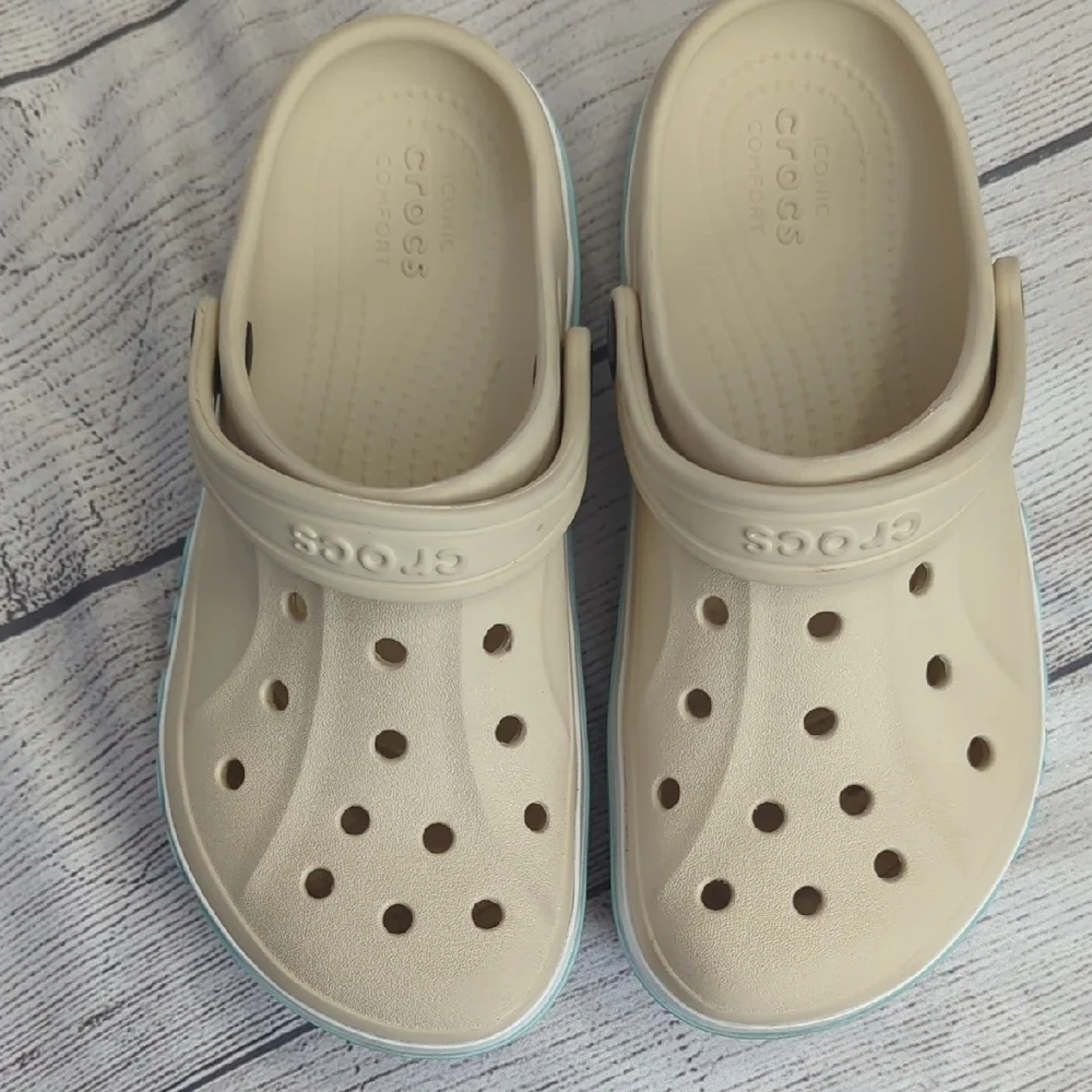 CROCS Kids Classic Clog in Cream with Light Blue Trim